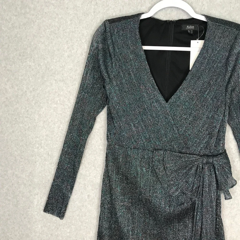 Aidan Mattox Teal‎ Metallic Wrap Dress Size 4 Bow Shimmer Party NYE Holiday Glam - Picture 4 of 16